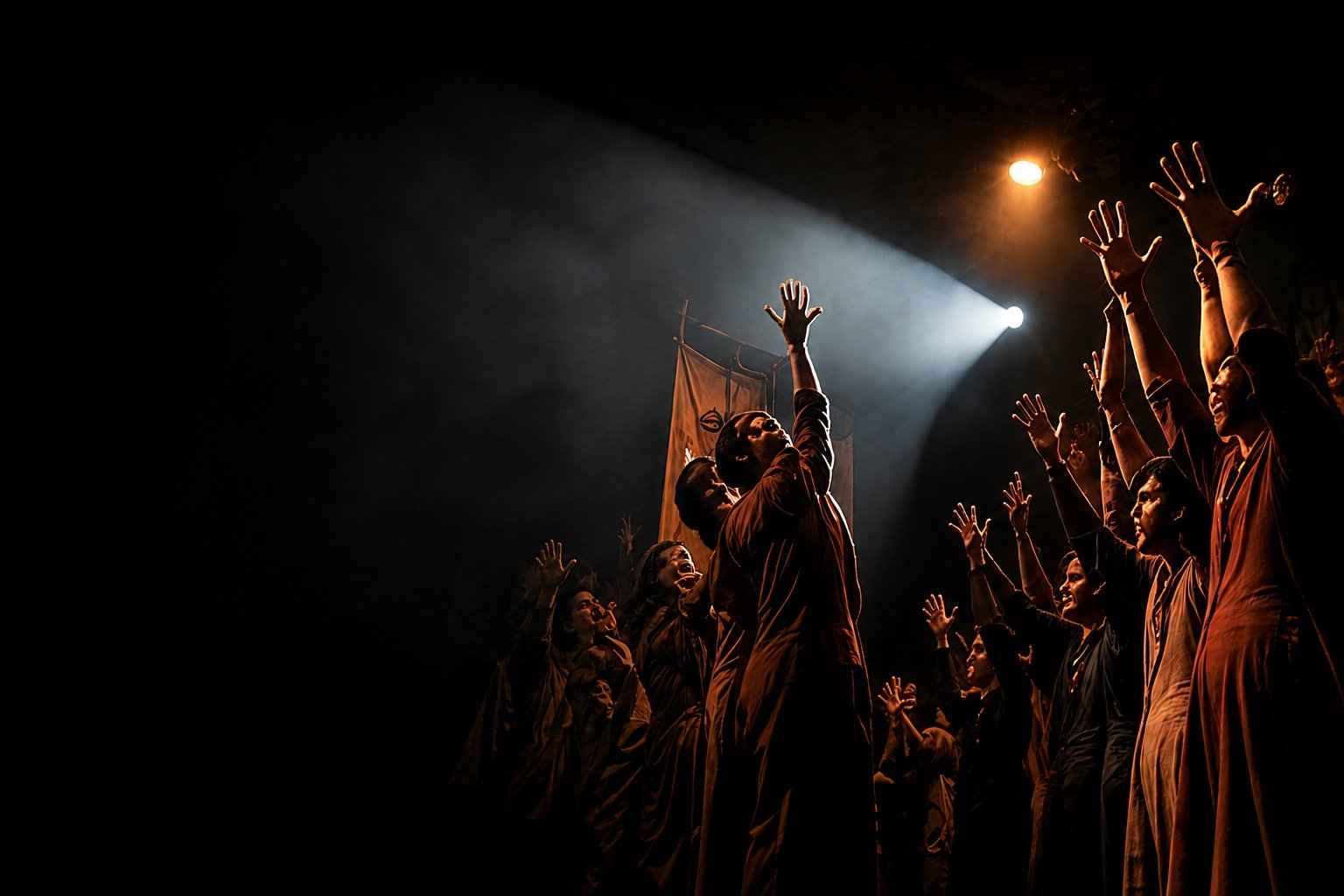 AAOMA theatre artists preparing for a performance